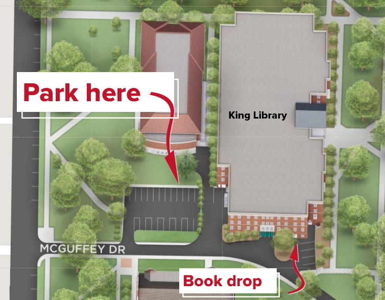 Map showing McGuffey Street parking and Book Drop locations at King Library