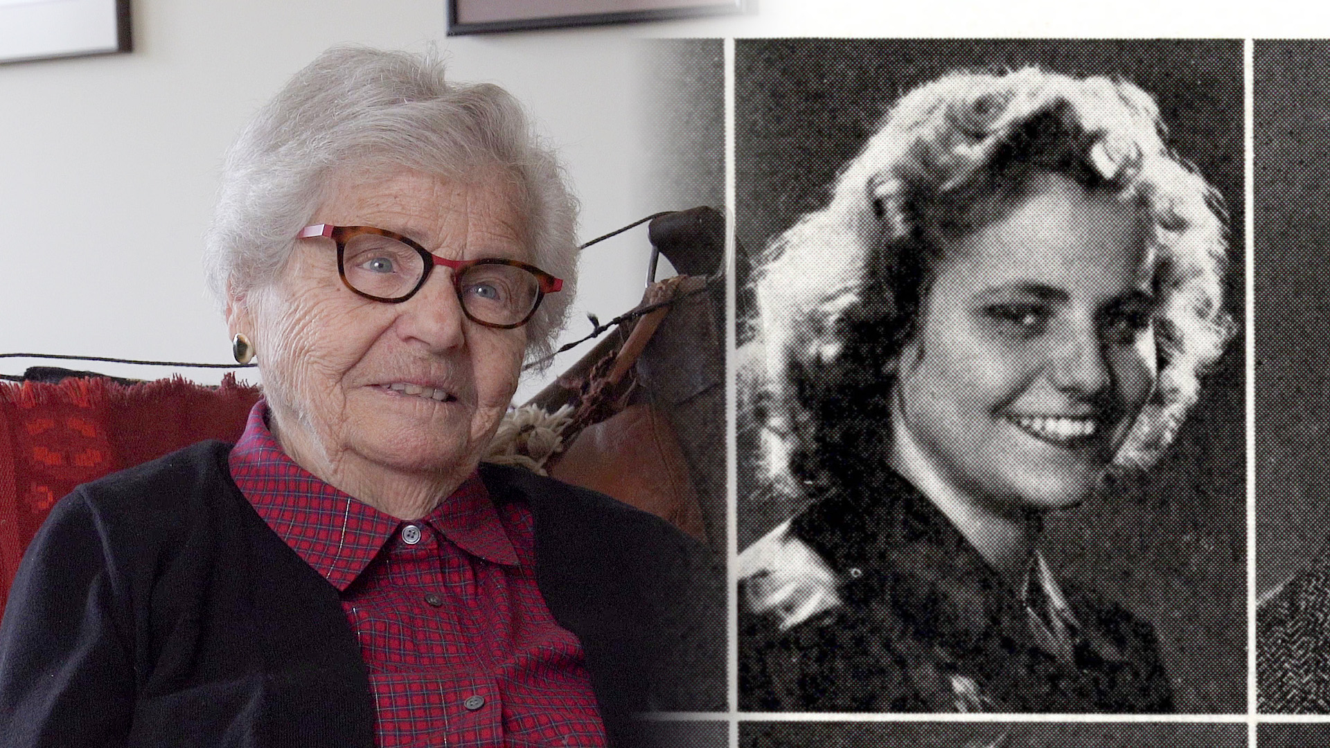A portrait of Hedi Pope at 99 years old appears on the left side of the image, which fades into a close-up of her 1942 yearbook portrait in the Miami University Recensio.