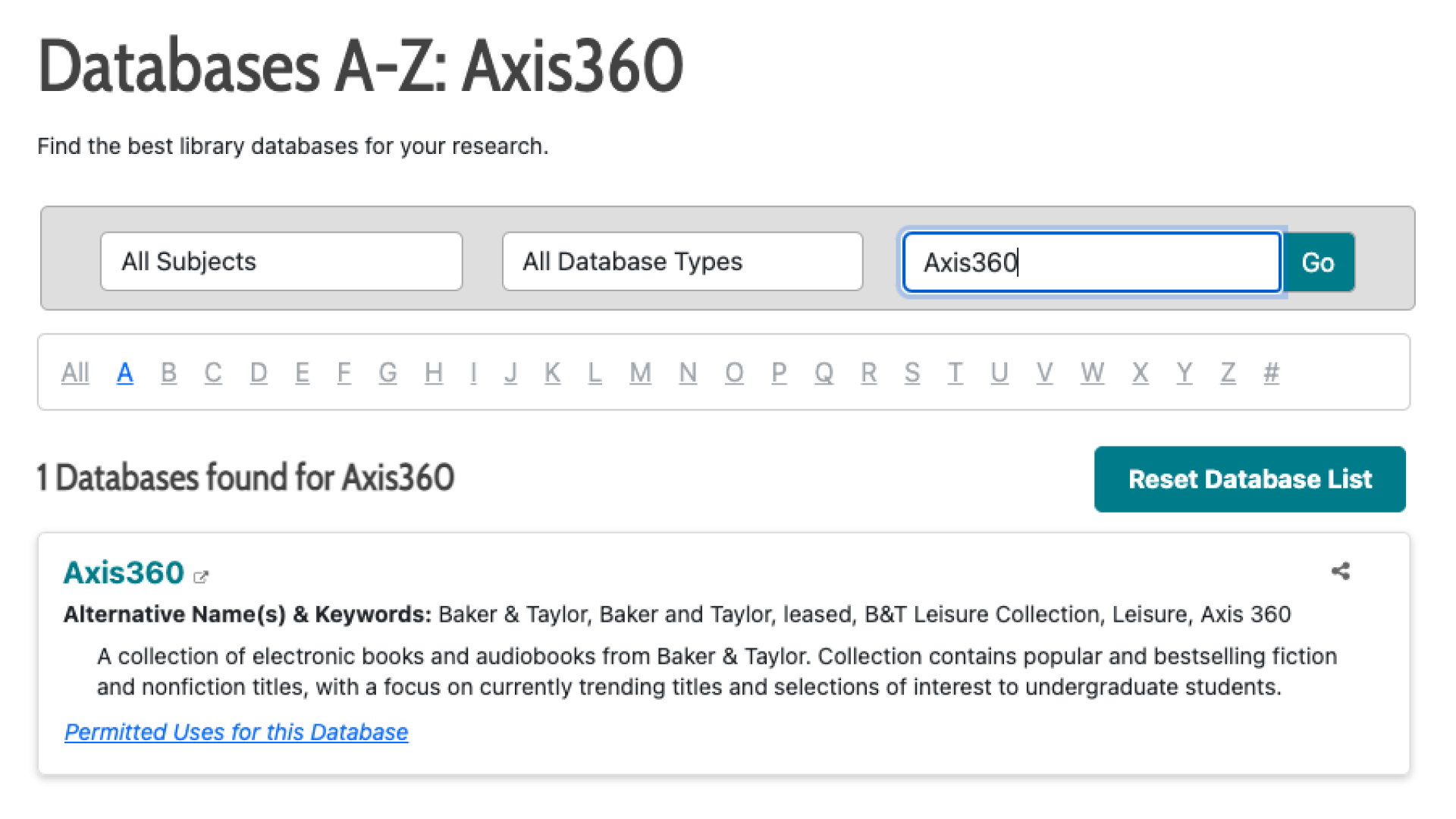 A screenshot of the Axis360 entry in the databases list