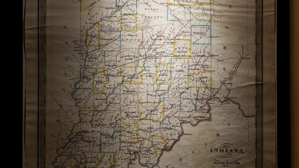 A historical map of Indiana, showing some of the Miami Tribe homelands.