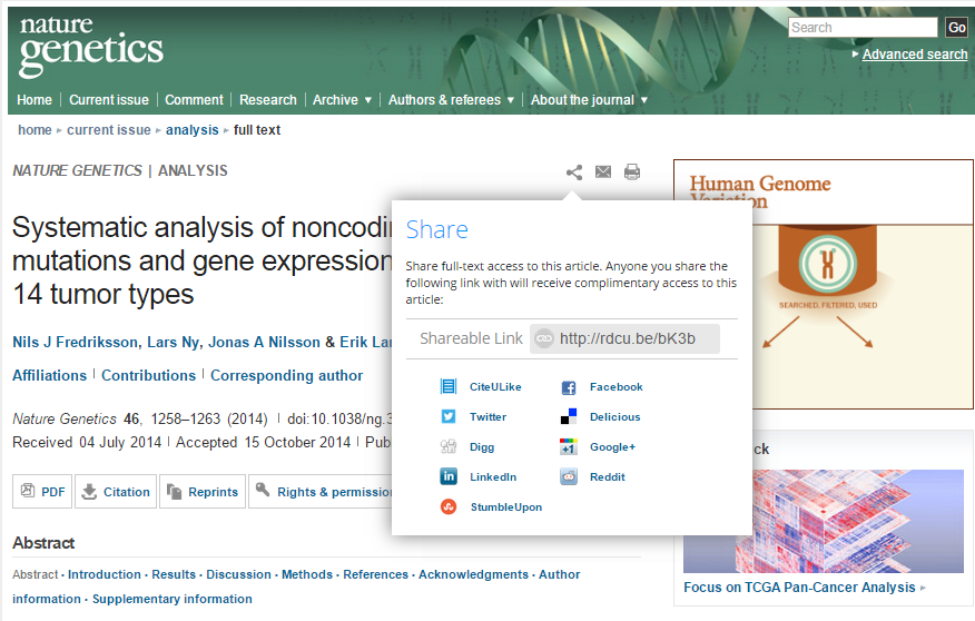 Screenshot of Nature Genetics content sharing feature
