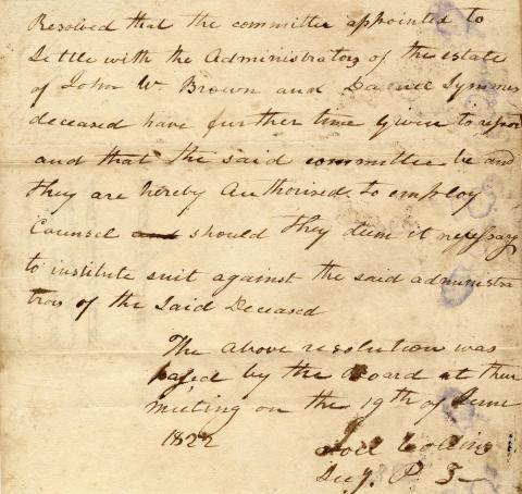 Resolution by Miami University Board of Trustees, regarding John Browne estate report, June 19, 1822