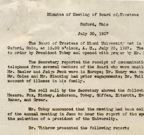 Meeting minutes from Board of Trustees meeting July 1927